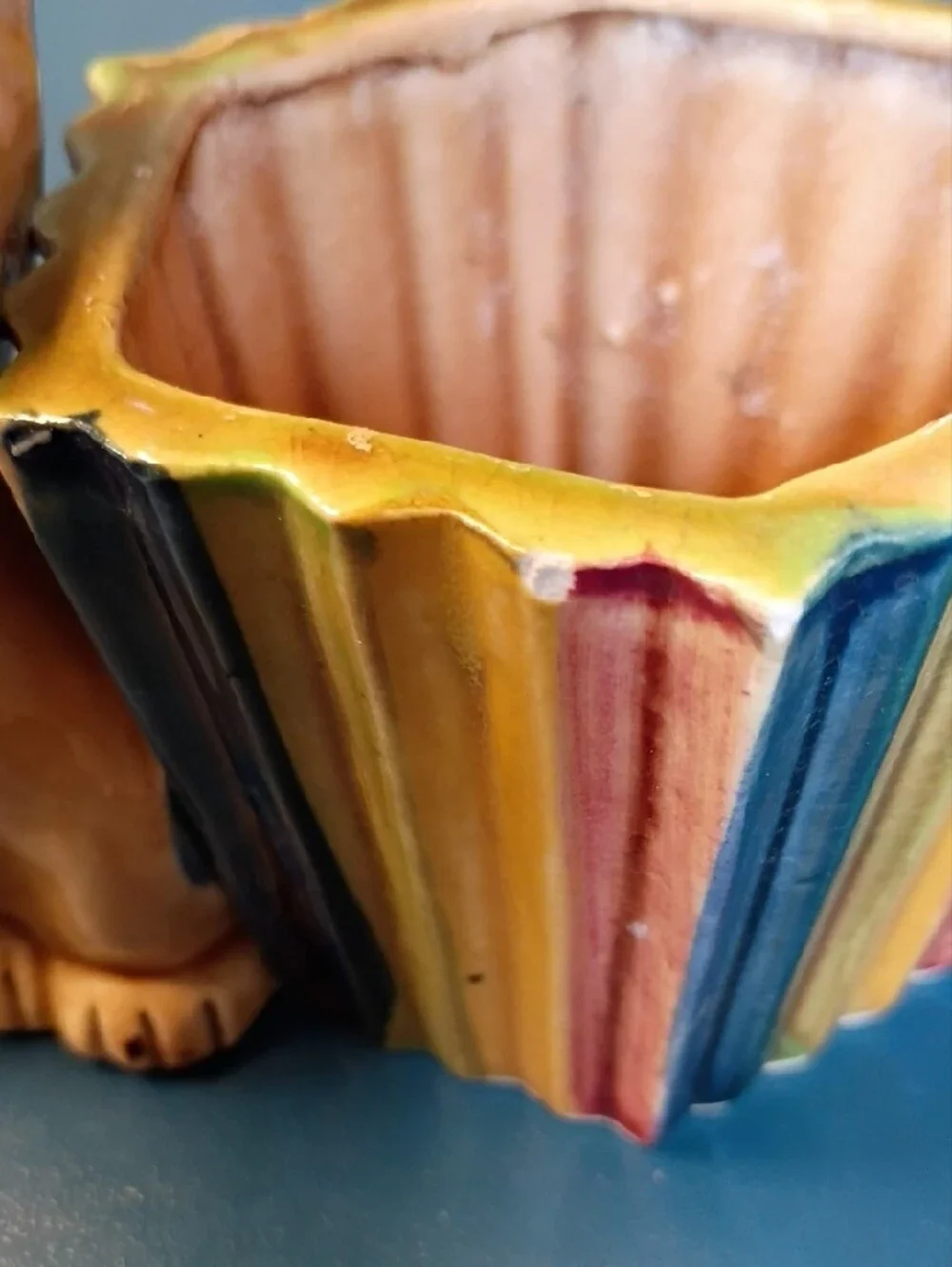 Yellow Ceramic Dog Treat Holder with Multicolor Striped Dish